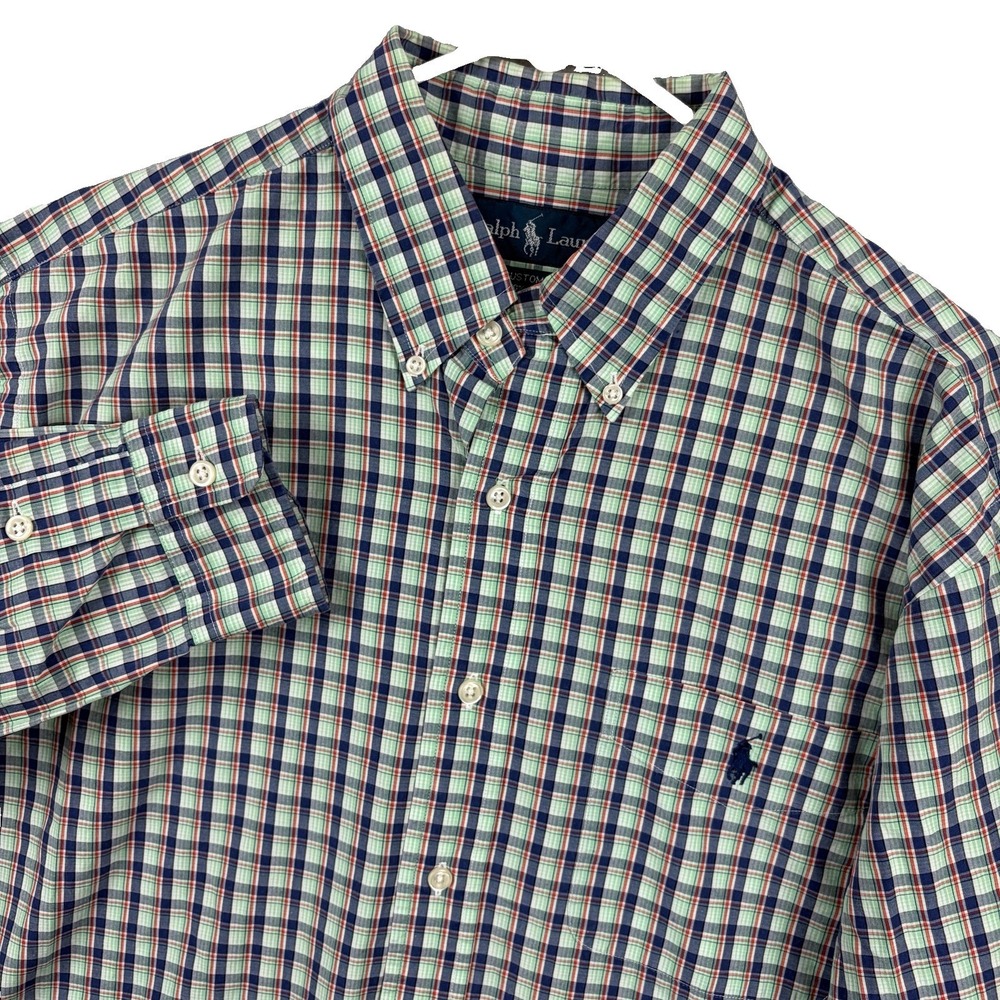 Ralph Lauren Shirt Mens Large Green Plaid Custom Fit Button Down Cotton Pocket